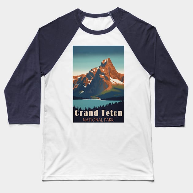 Grand Teton National Park Vintage Travel Poster Baseball T-Shirt by GreenMary Design